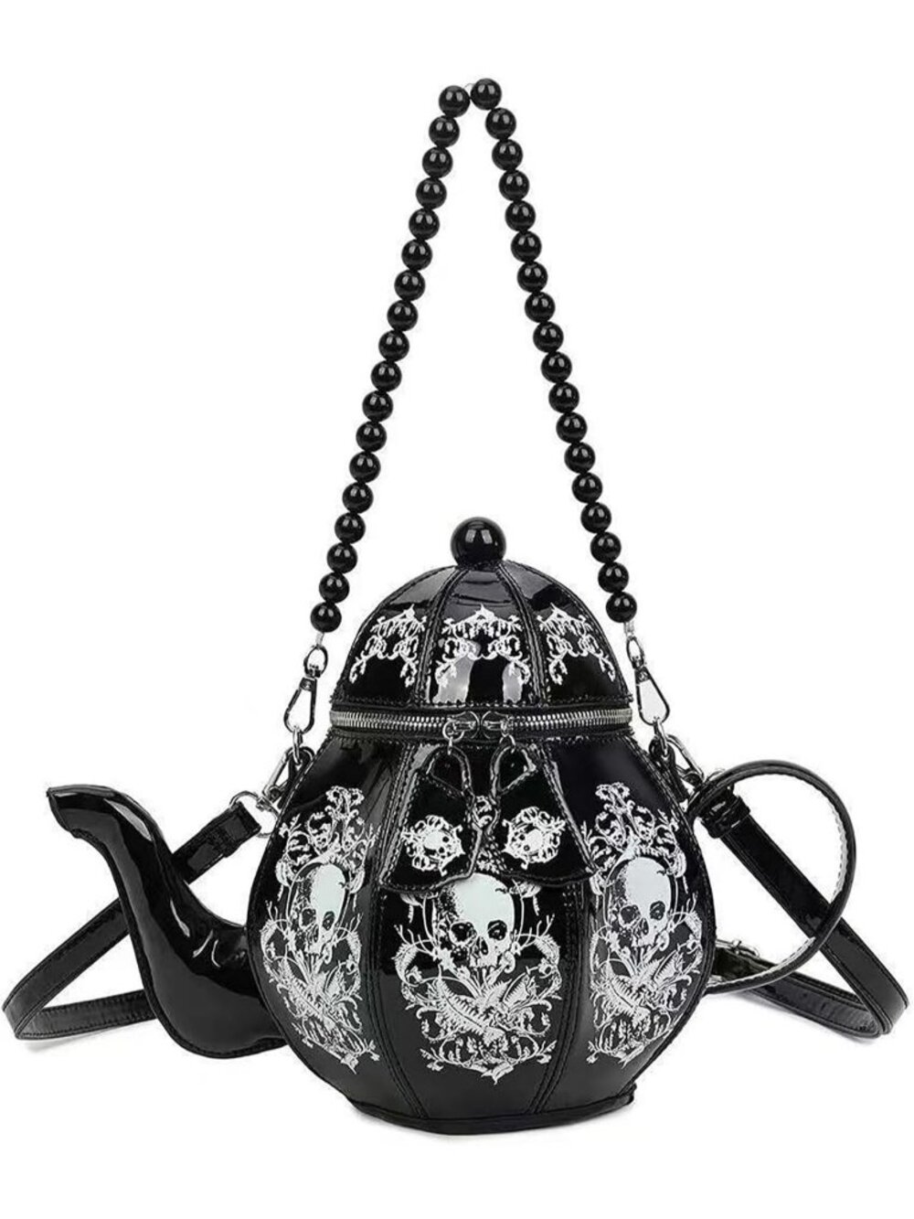 Women’s Black Teapot Purse Floral Pu Leather Crossbody Bag With Pearl Chains